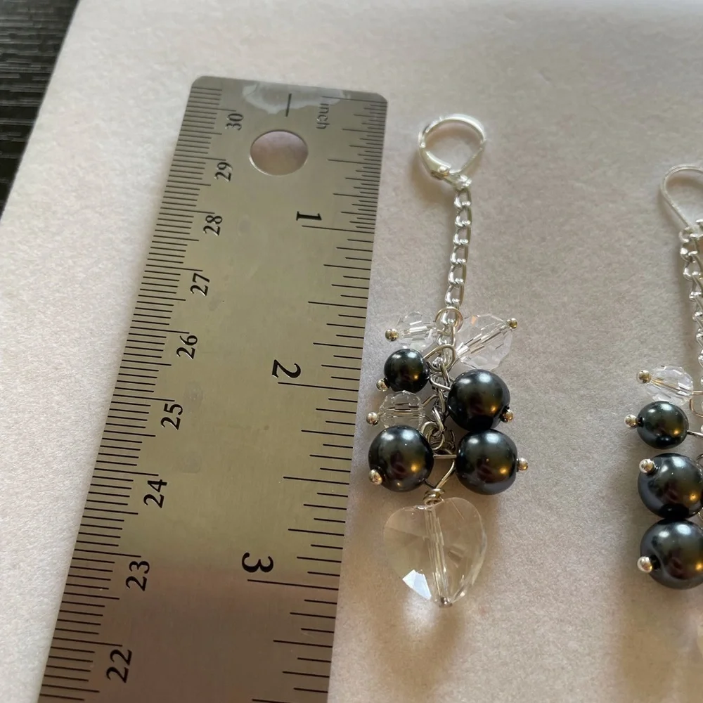 HAND CRAFTED Earrings Hearts Crystals Pearls Long Dangling